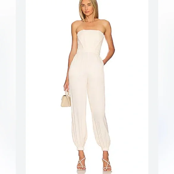 NBD Larkin Jumpsuit Ivory Strapless Corseted w/Pocket, Jumpsuit Elastic,Size L - Picture 3 of 12